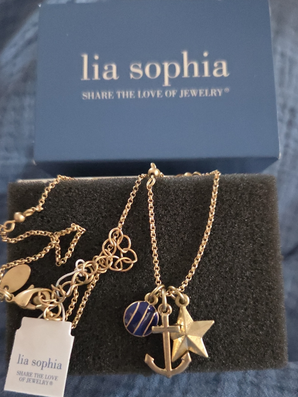 Lia Sophia Gold Anchor and Star Necklace with Blue Striped Disc
